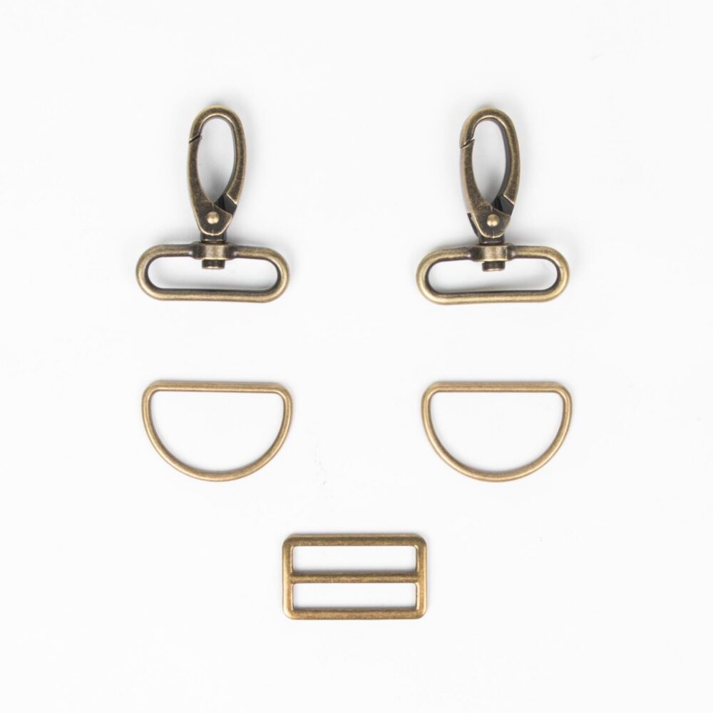 Taschenzubehör Set 5 teilig, 40mm, 2 Karabiner, 1 Schieber, 2 D-Ringe, bronzefarben, hochwertig