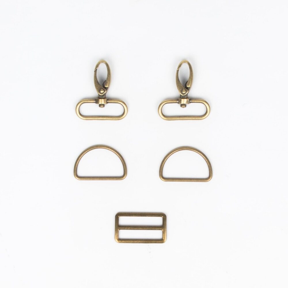Taschenzubehör 5er Set, 40mm, 2 Karabiner medium, 1 Schieber, 2 D-Ringe, bronzefarben, hochwertig